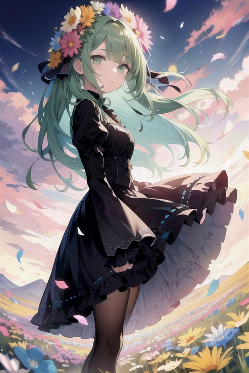 花と緑髪ちゃん