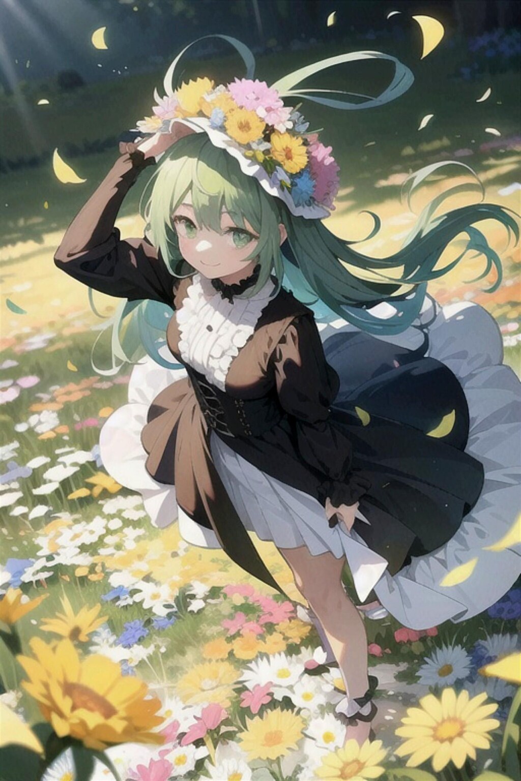 花と緑髪ちゃん