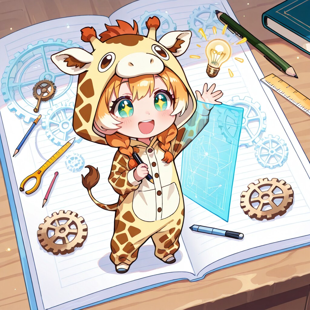 何かを発明するキリン着ぐるみちび子ちゃん