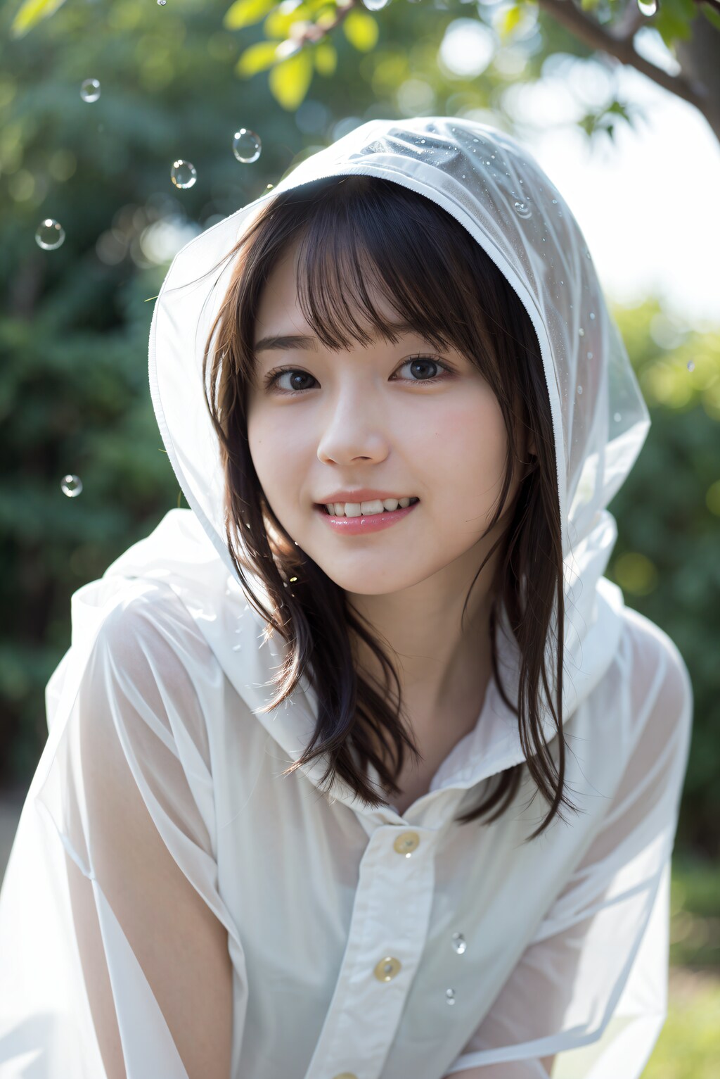 カッパを着た女性