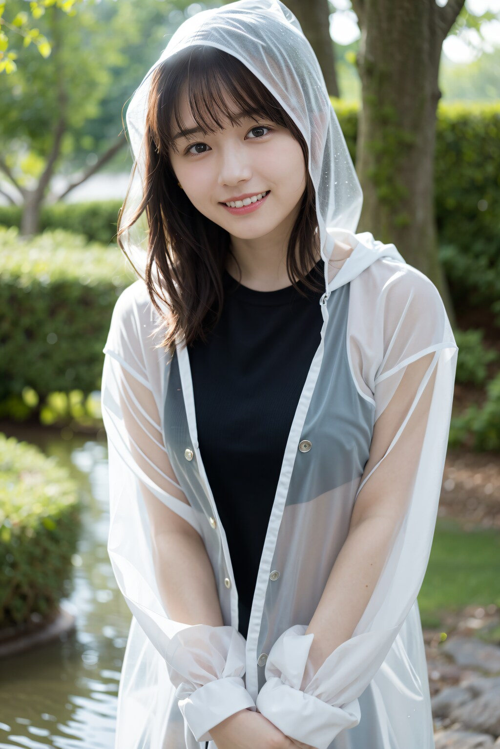 カッパを着た女性