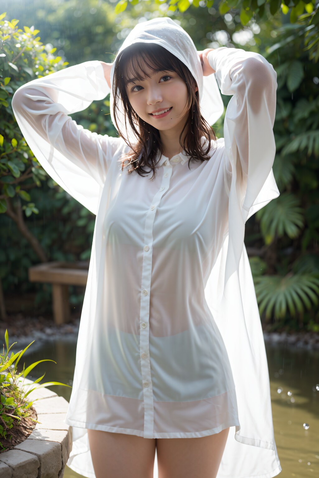 カッパを着た女性