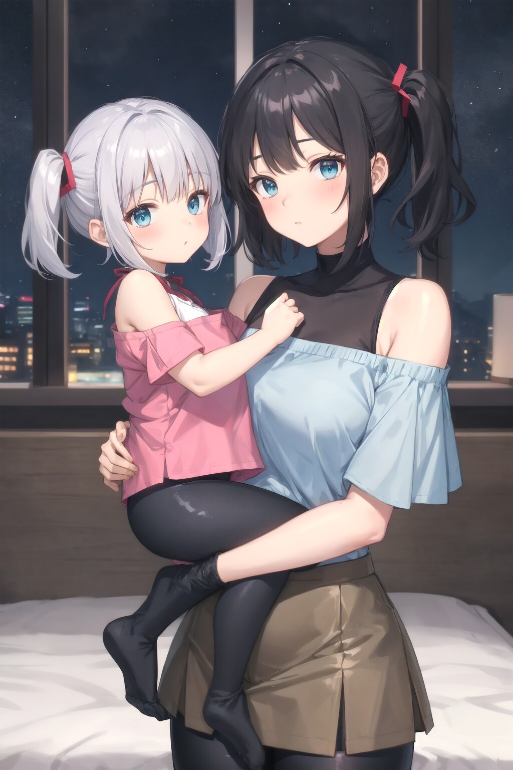 妹（左）:ママは？姉（右）:ママねぇ〜もうすぐ帰ってくるって連絡来たからもう少し待ってようね❤