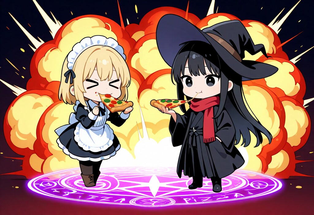 ピザ魔法を完成させたメイドさんといつもの魔女さん