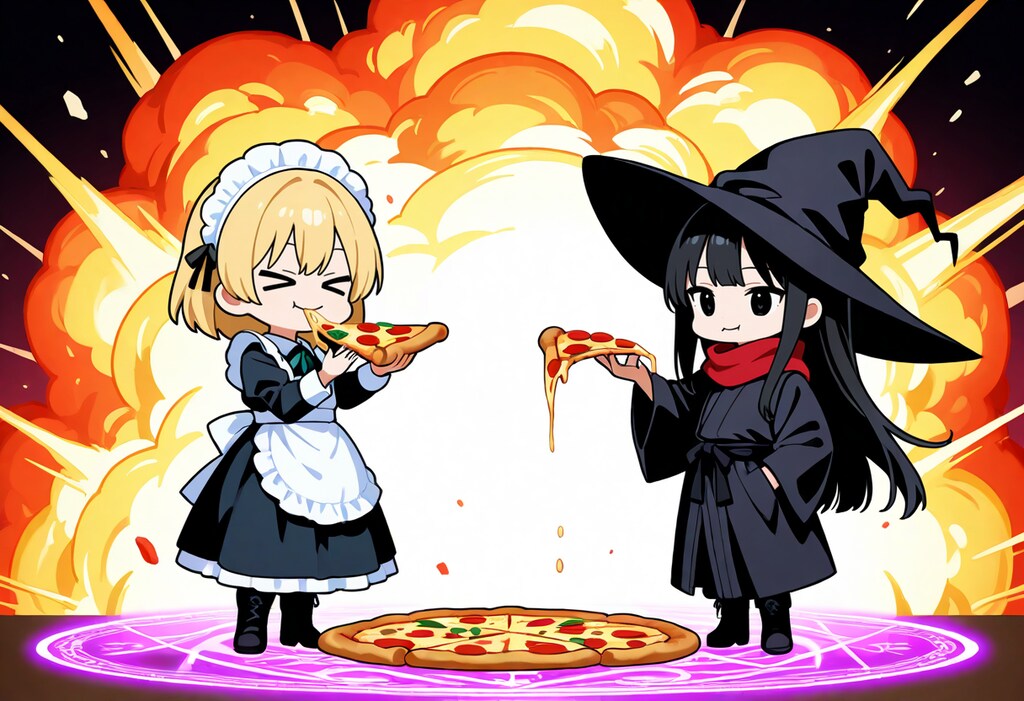 ピザ魔法を完成させたメイドさんといつもの魔女さん