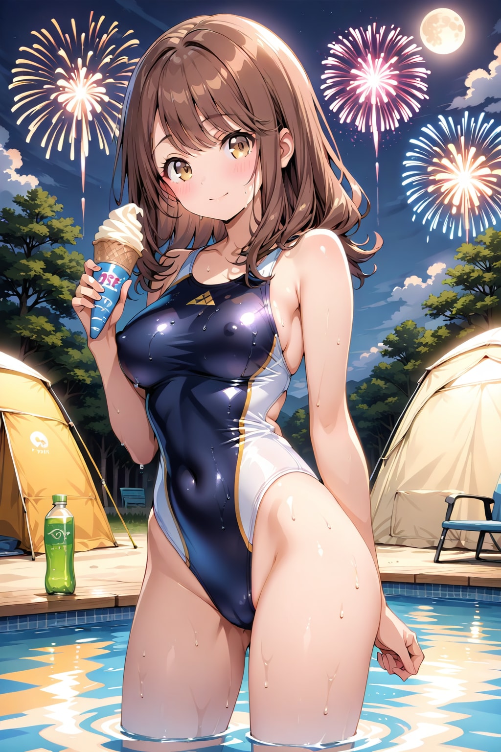 競泳水着の心実と川辺で