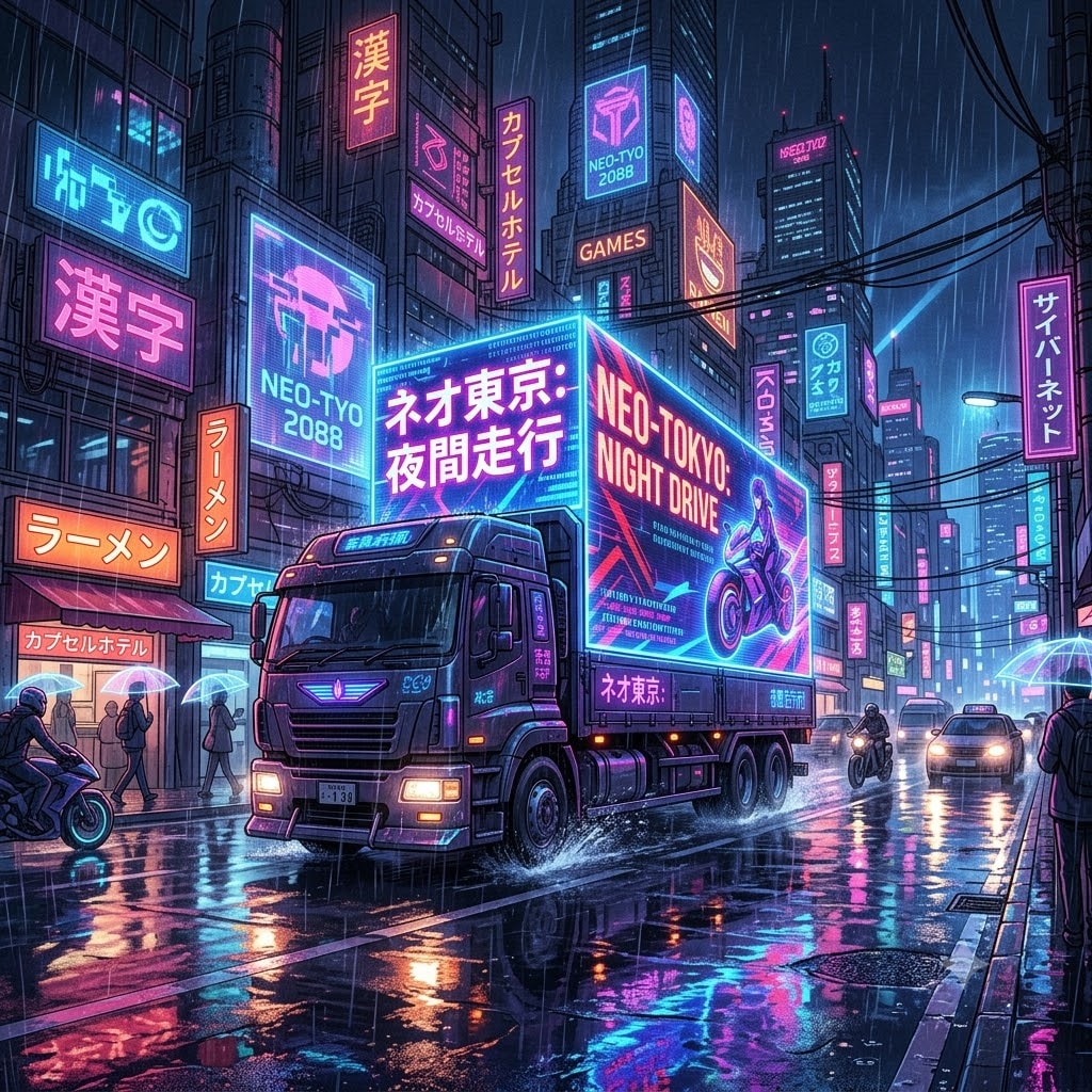 ネオンと雨のサイバーパンク街頭