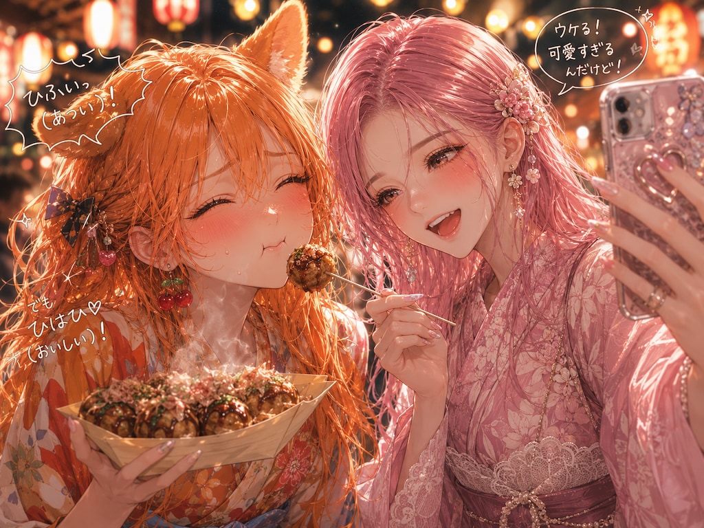 落果ちゃんは、たこ焼きと弾ける可愛さをシェアする。