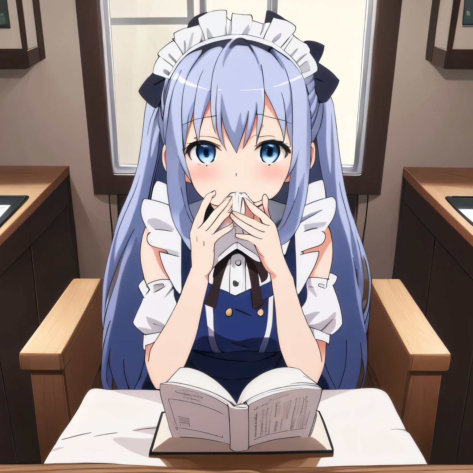 青髪ロングで漫画喫茶の少女 | の人気AIイラスト・グラビア