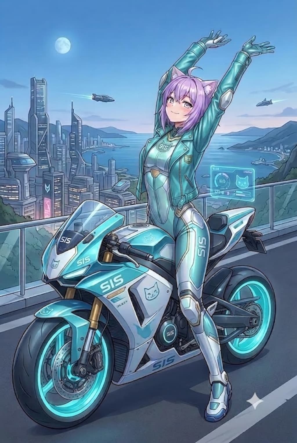 未来都市でツーリングするライダースーツのシス