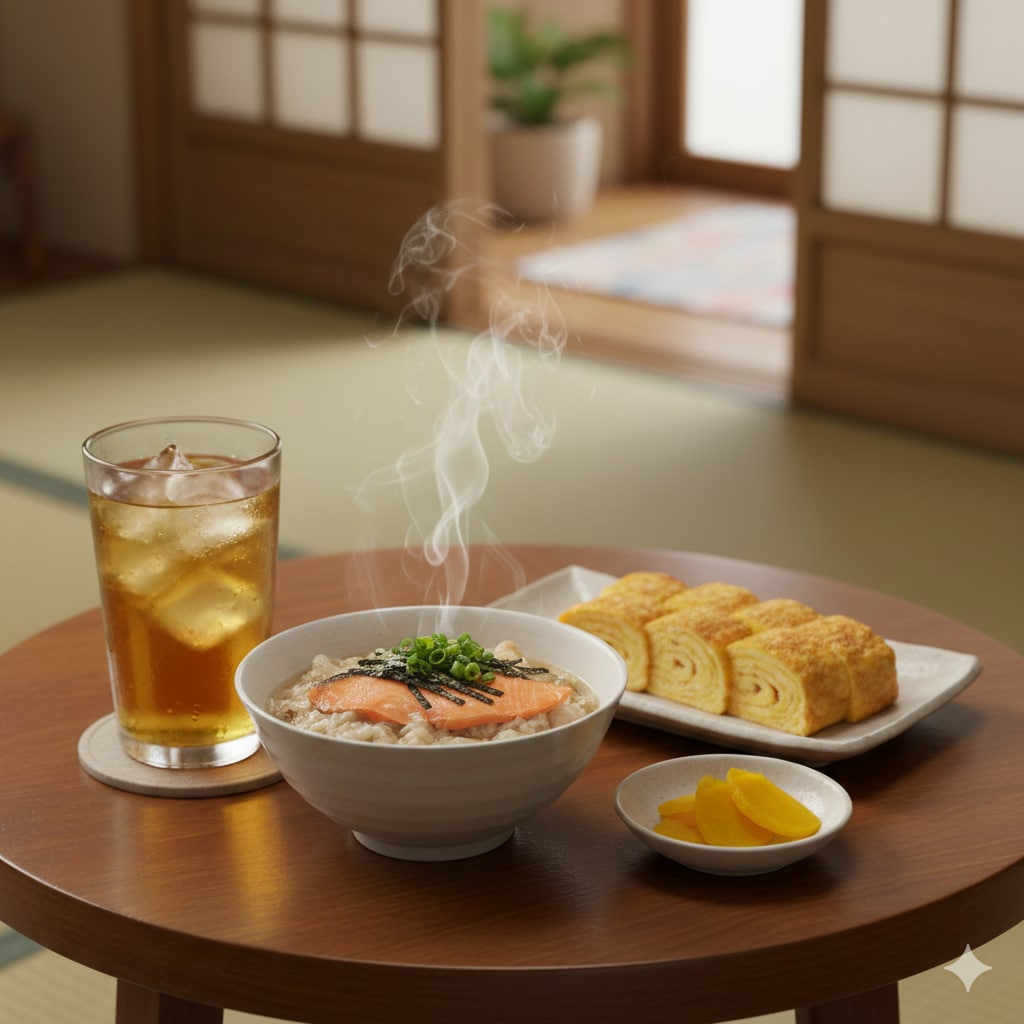 【朝飯】鮭茶漬け、沢庵、卵焼き、麦茶