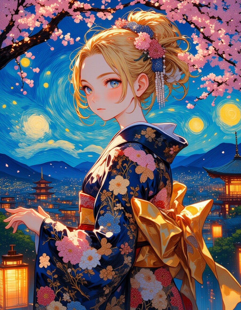 ゴッホの筆致で描く春の芸者