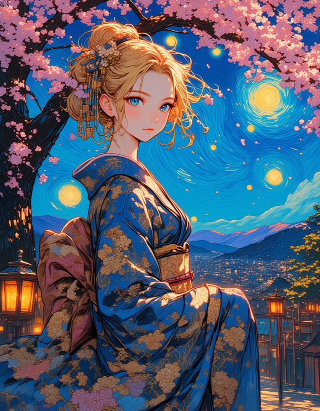 ゴッホの筆致で描く春の芸者