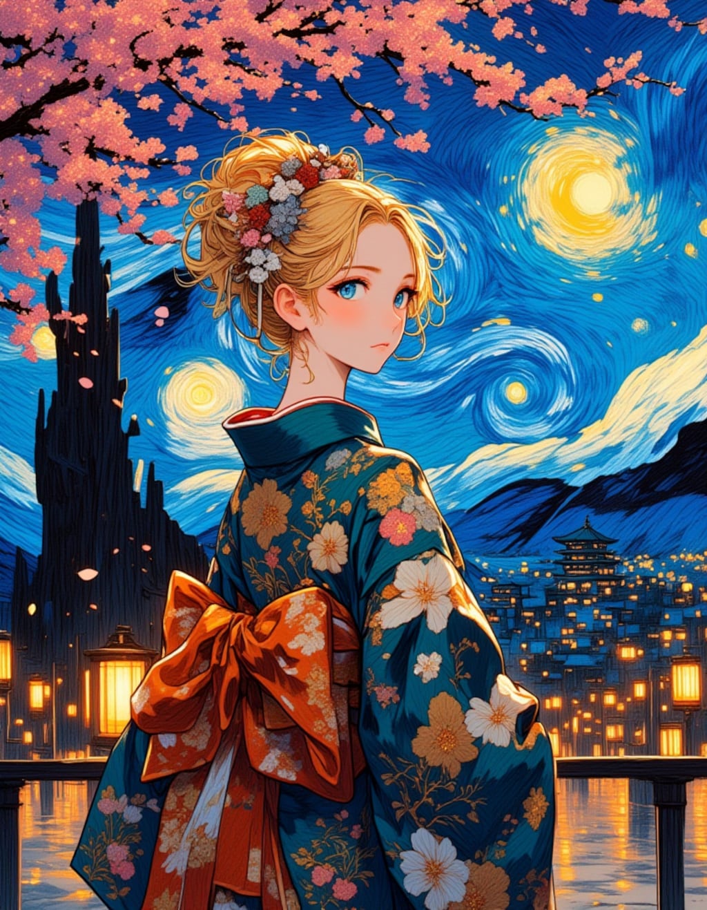 ゴッホの筆致で描く春の芸者