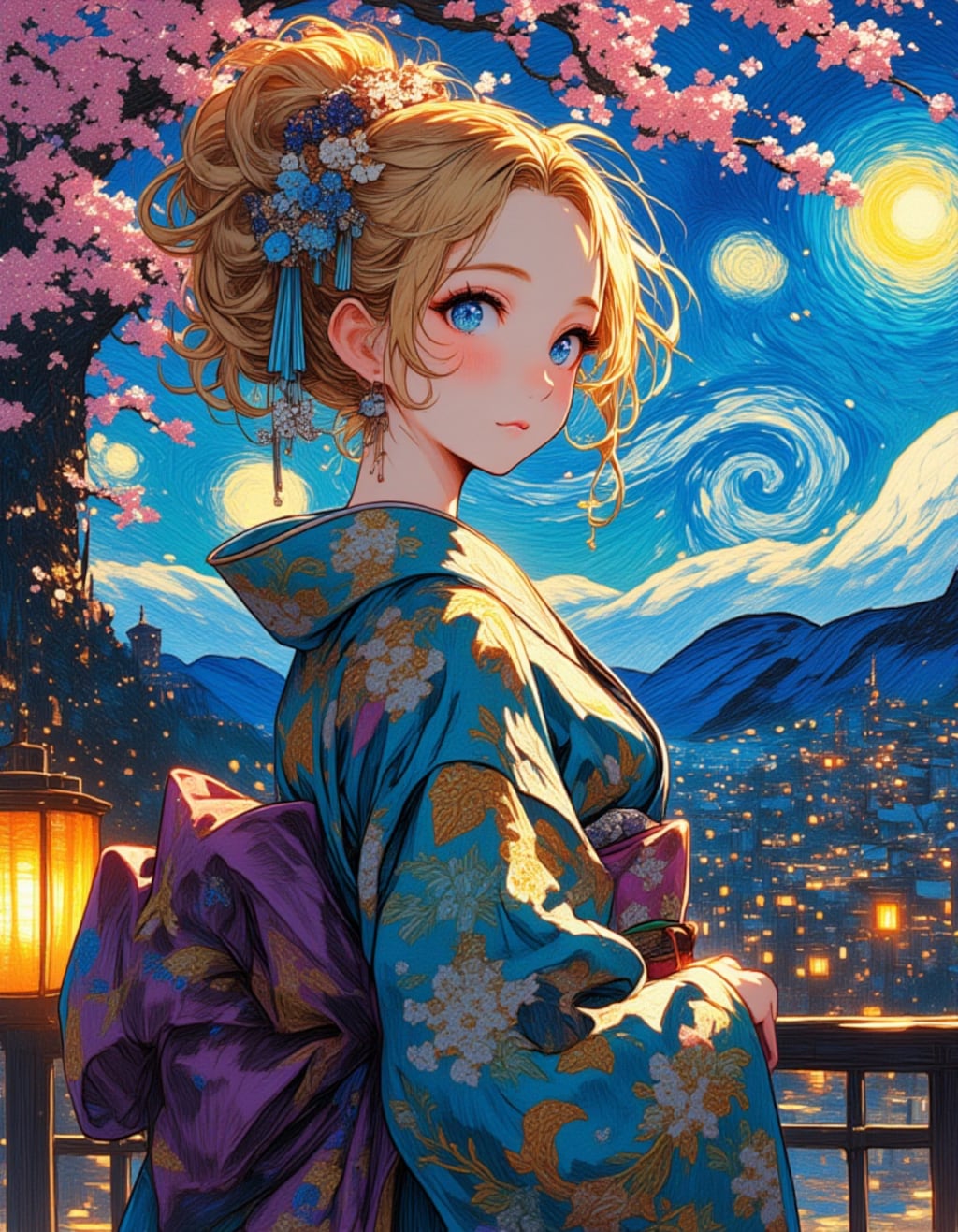 ゴッホの筆致で描く春の芸者