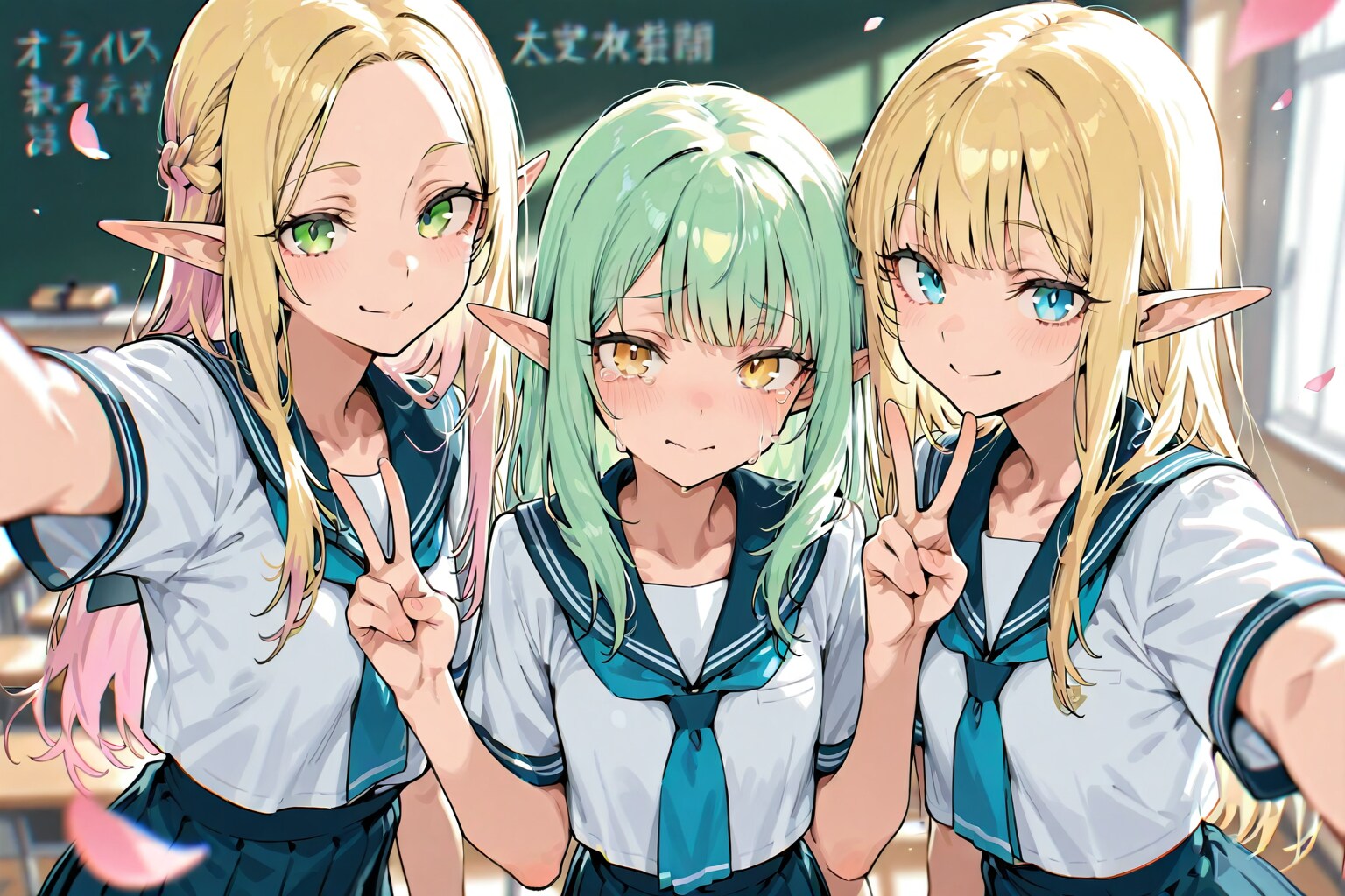学生生活の最後に友達と教室で写真を撮るエルフの女の子 | の人気AIイラスト・グラビア