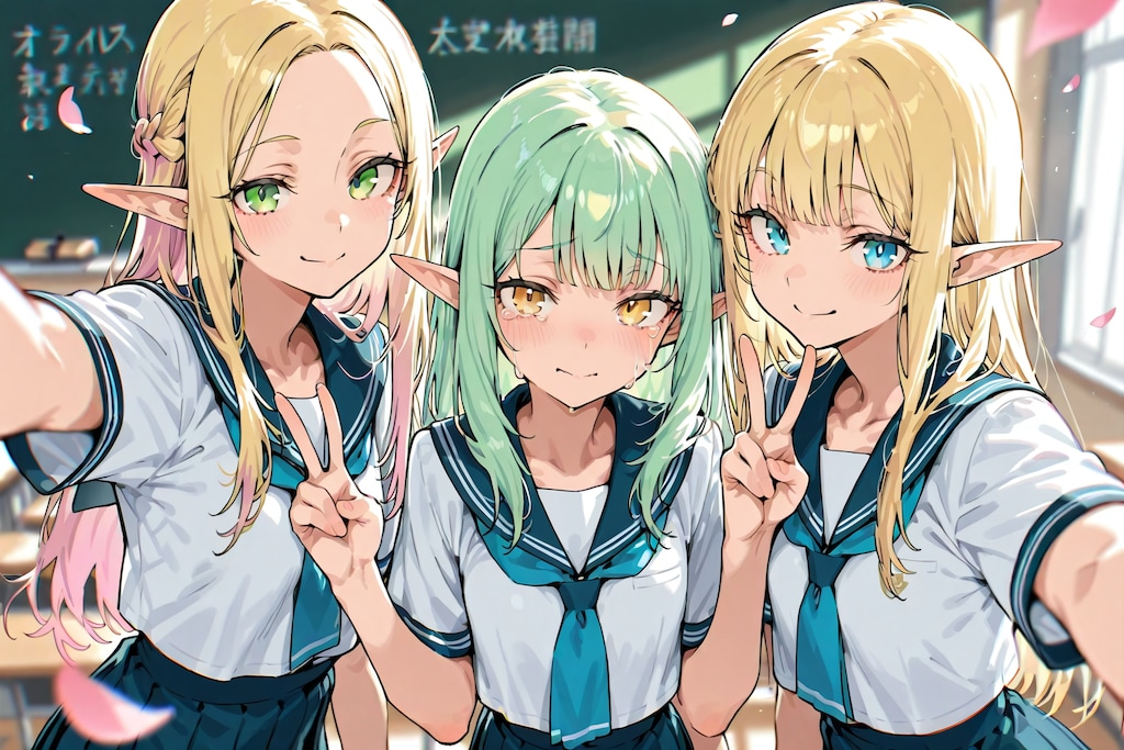 学生生活の最後に友達と教室で写真を撮るエルフの女の子