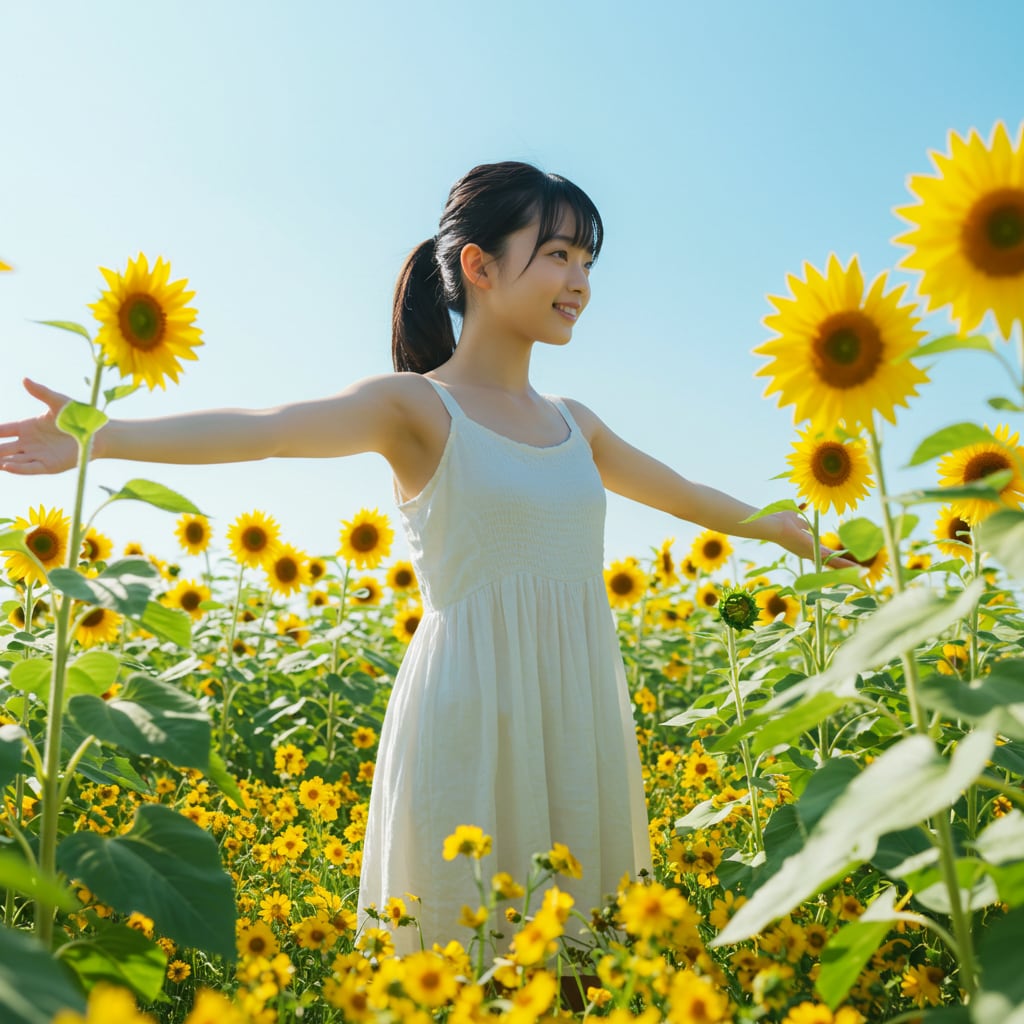 向日葵畑と白ワンピ