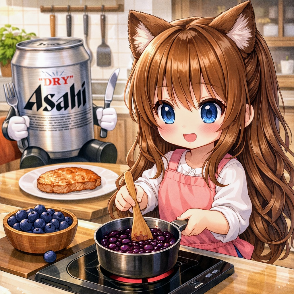 お肉用ブルーベリーソースを作る小さな女の子