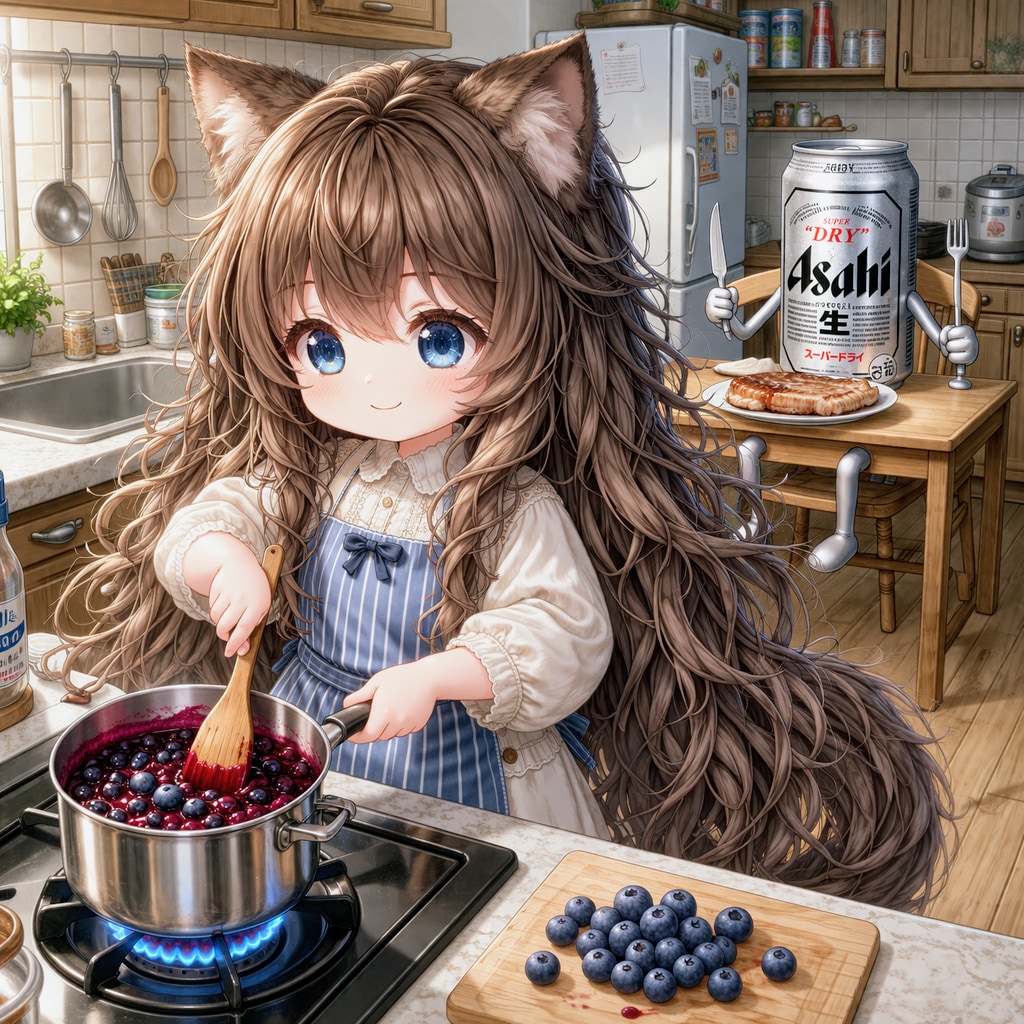 お肉用ブルーベリーソースを作る小さな女の子