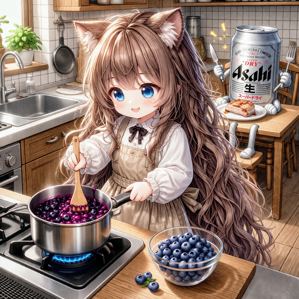 お肉用ブルーベリーソースを作る小さな女の子