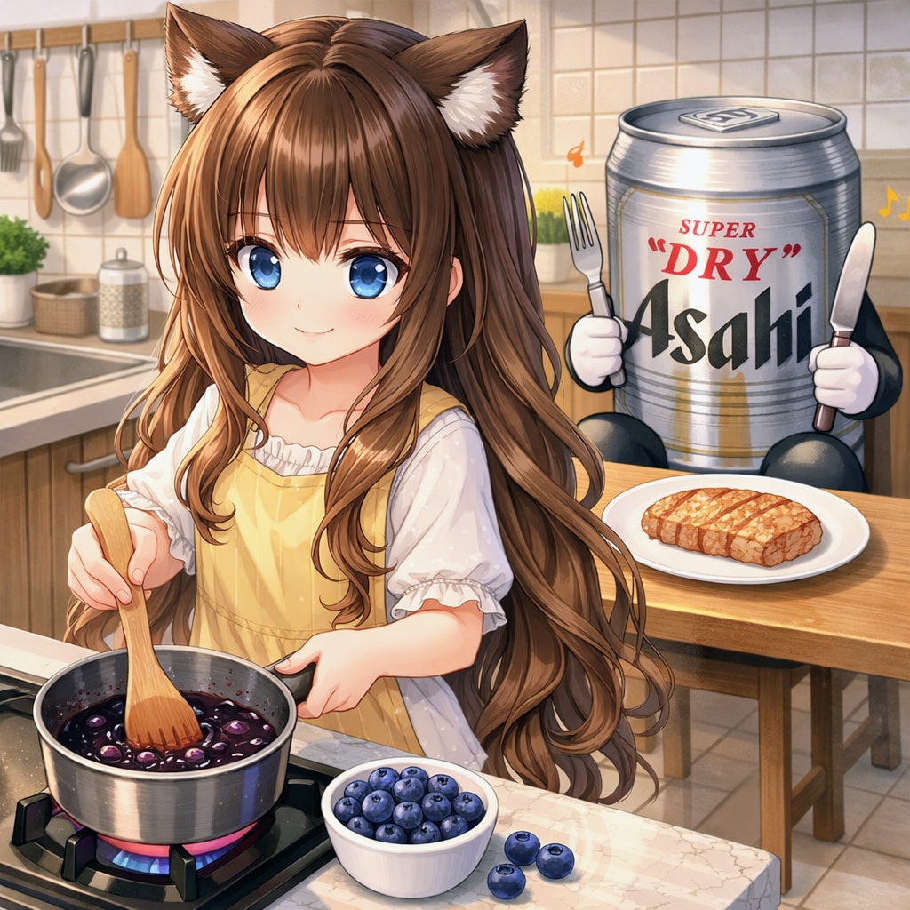 お肉用ブルーベリーソースを作る小さな女の子