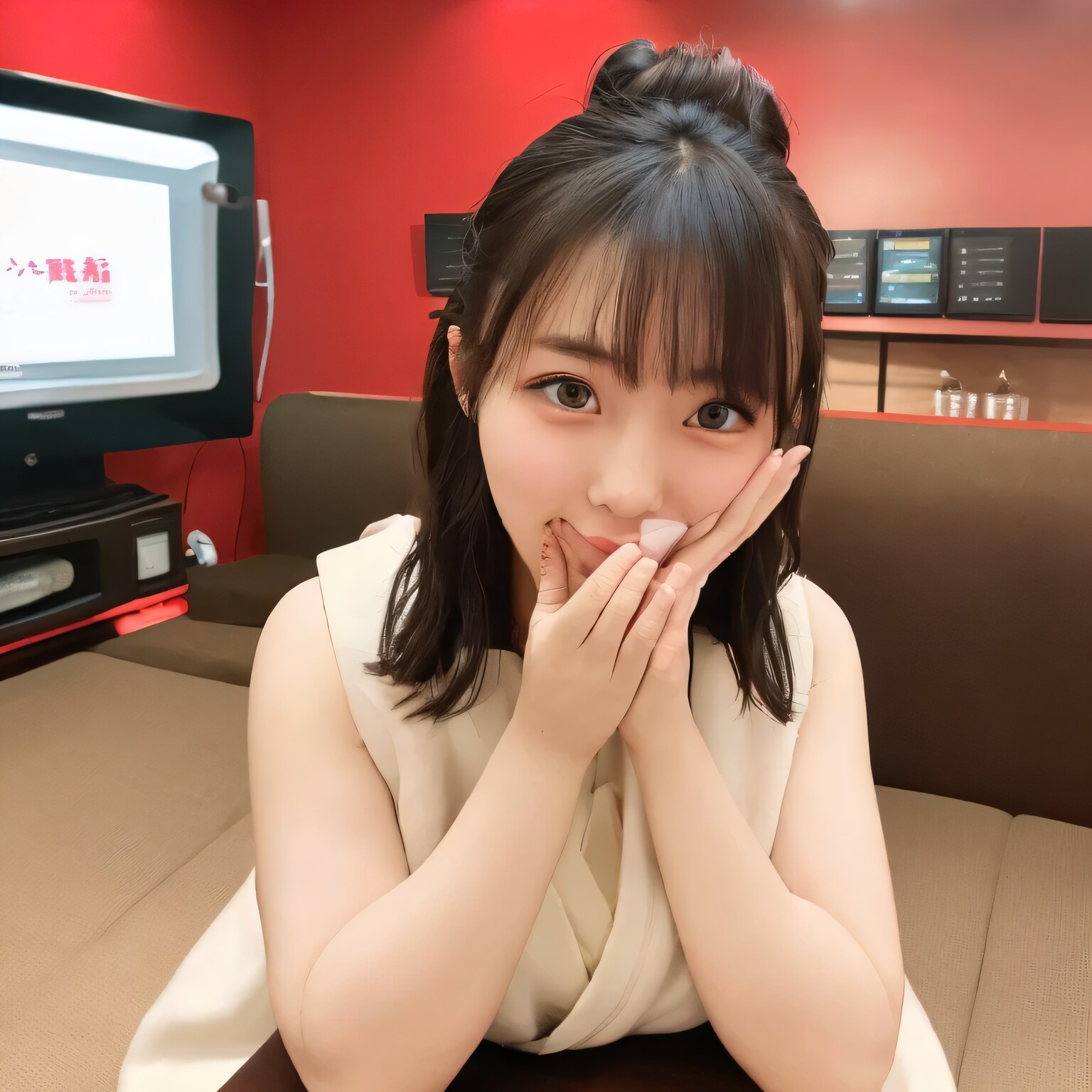 黒髪ポニテでカラオケの美女 | の人気AIイラスト・グラビア