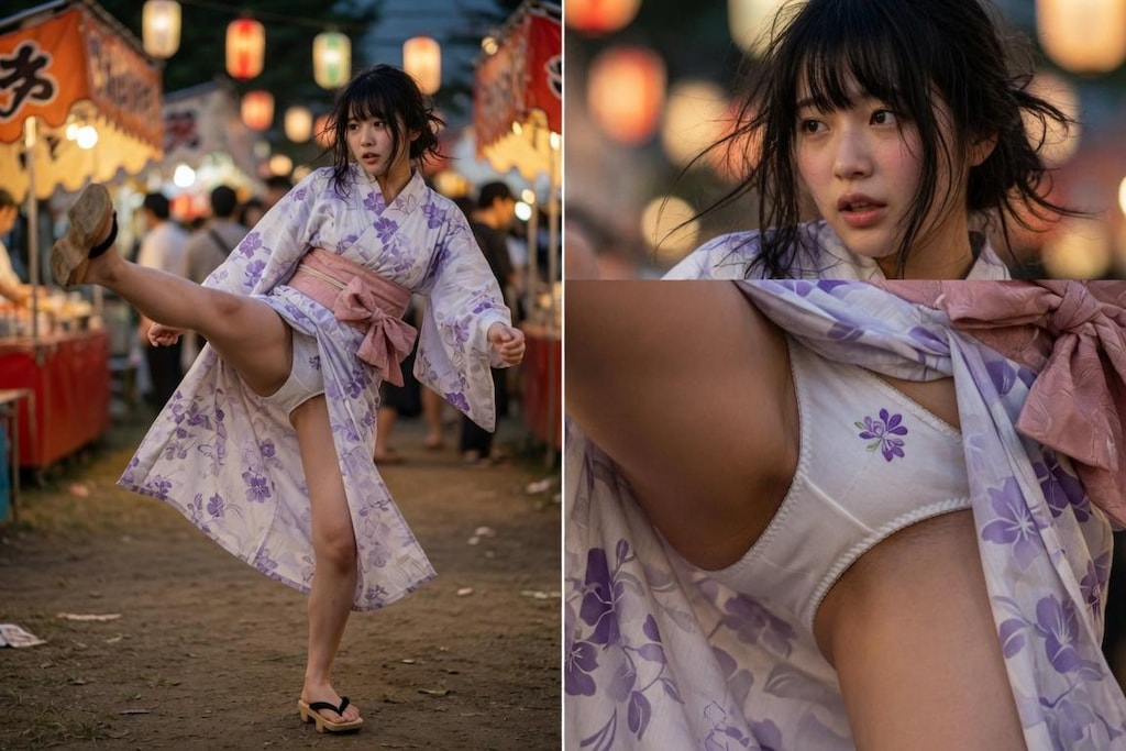 浴衣姿でハイキック