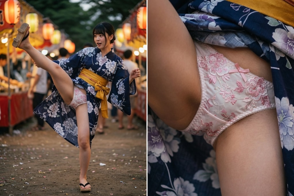 浴衣姿でハイキック