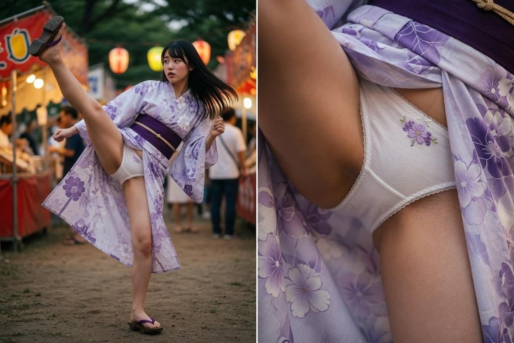 浴衣姿でハイキック