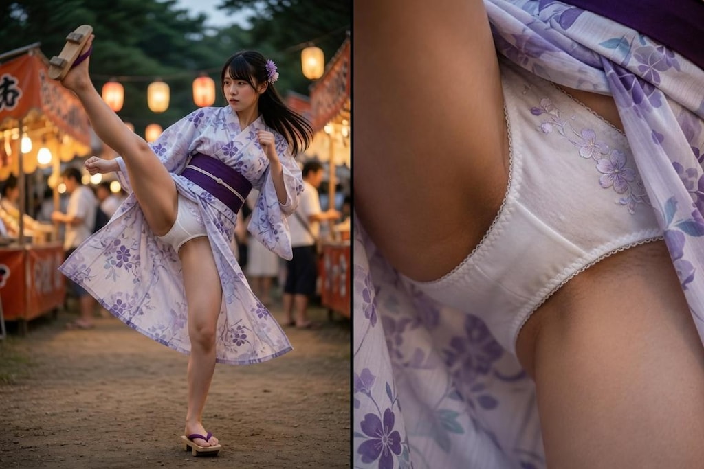 浴衣姿でハイキック