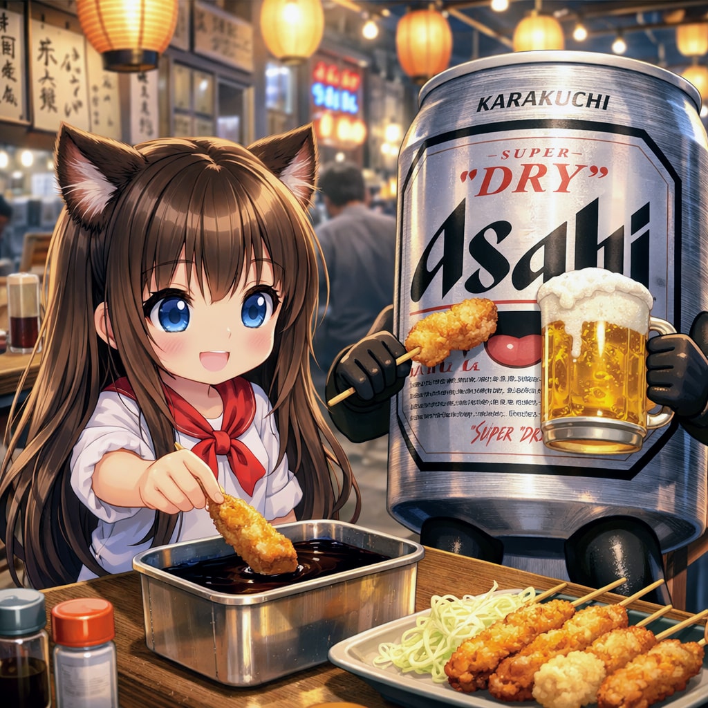 立食いの串カツを食べる小さな女の子