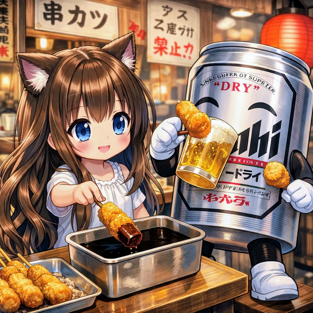 立食いの串カツを食べる小さな女の子