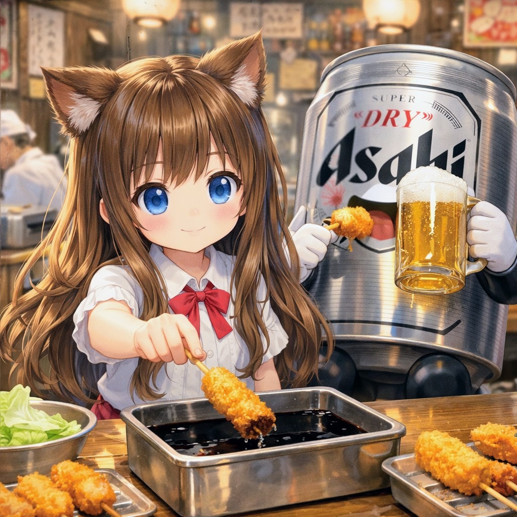 立食いの串カツを食べる小さな女の子 | の人気AIイラスト・グラビア