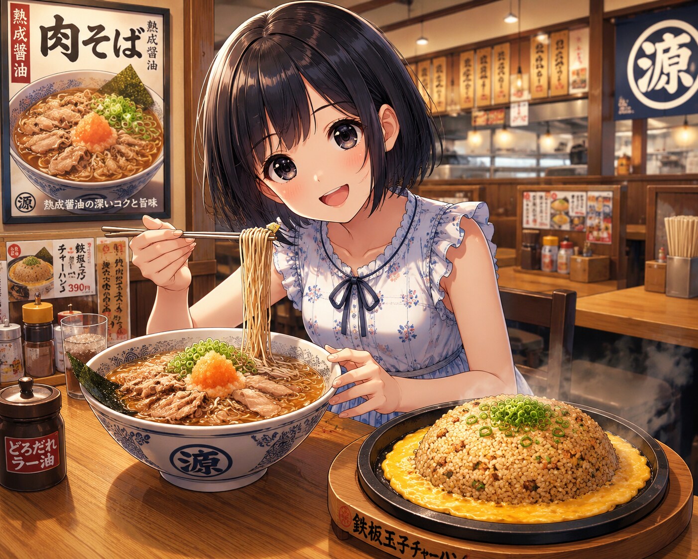 丸源ラーメンで肉そばと鉄板玉子炒飯を食べている女の子