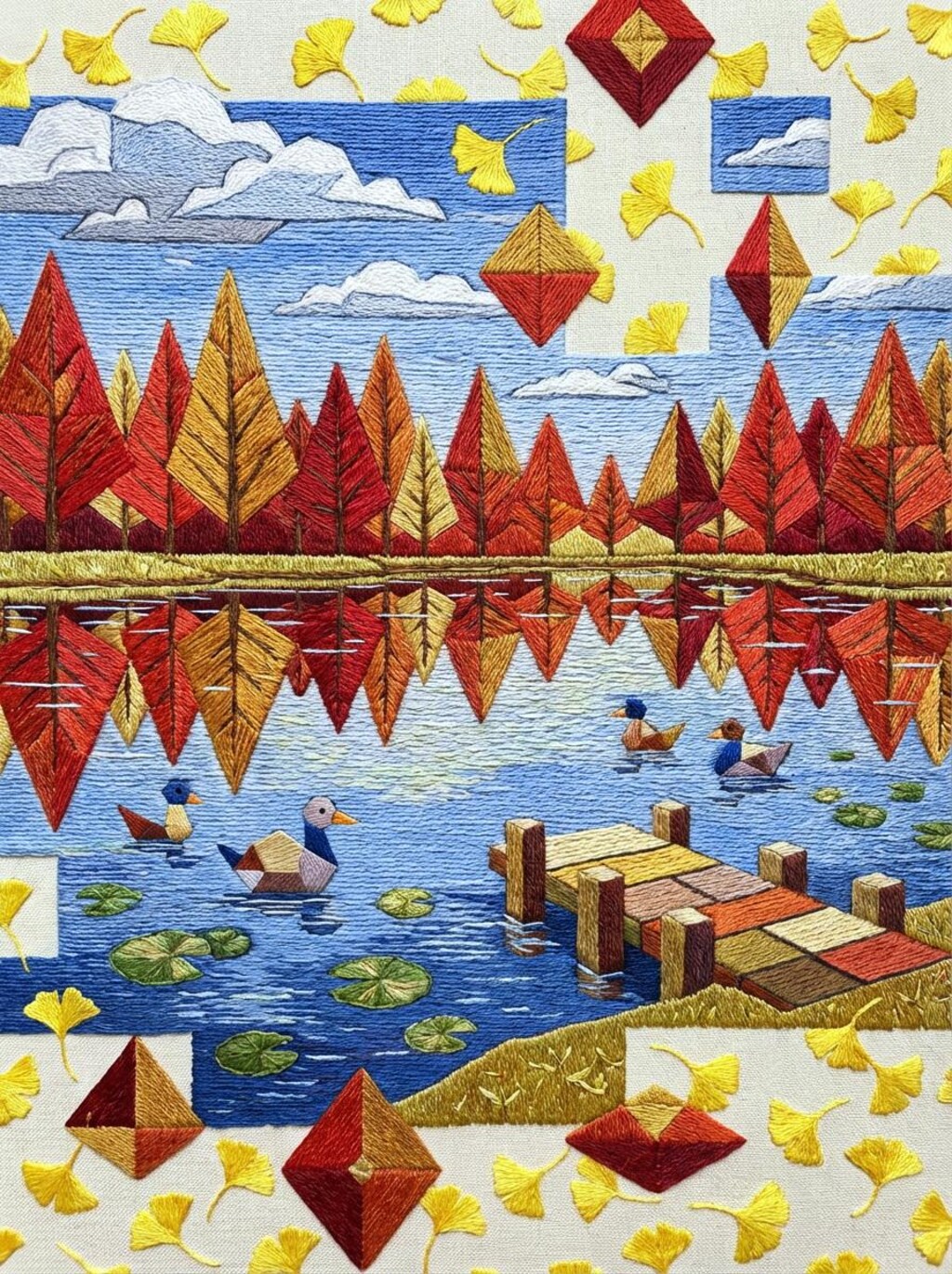 刺繍・メタセコイアと池