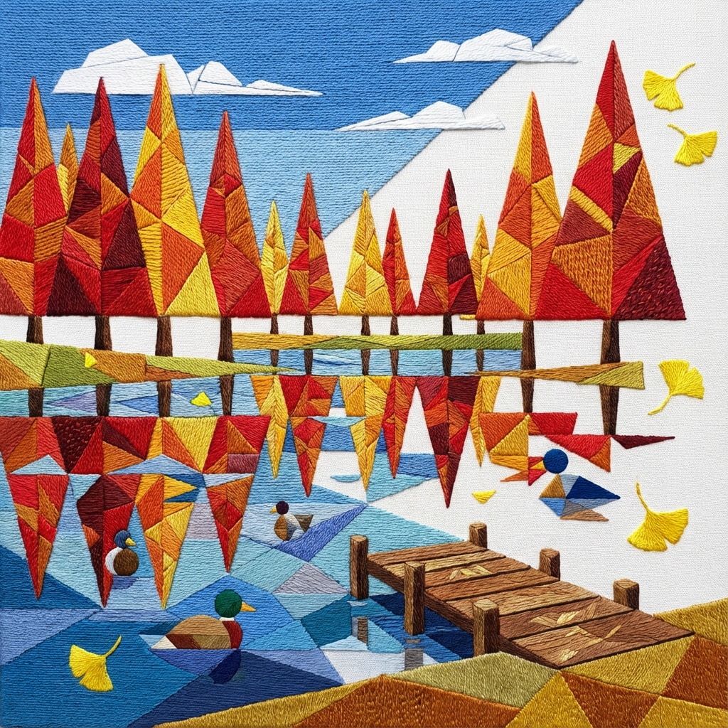 刺繍・メタセコイアと池