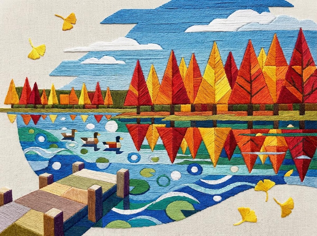 刺繍・メタセコイアと池