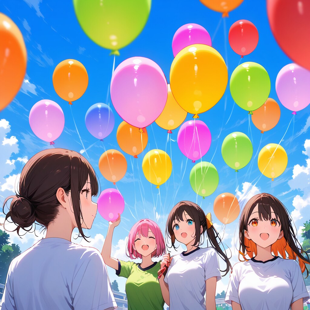いっぱい色とりどりの風船を膨らませている体操服の美少女。
