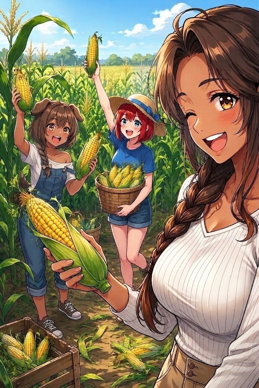 [FAお礼]まりあちゃん達ととうもろこし畑だべ〜 | の人気AIイラスト・グラビア