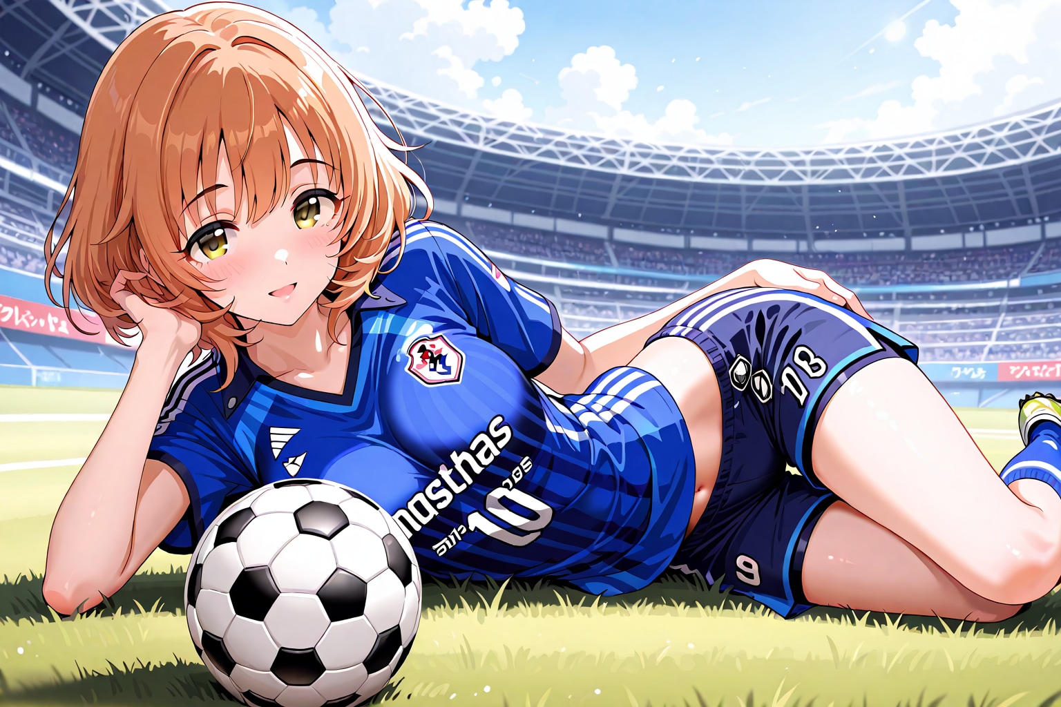 グラウンドで横になって休憩するサッカー少女