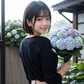 紫陽花と花柄スカートの女性 8枚目