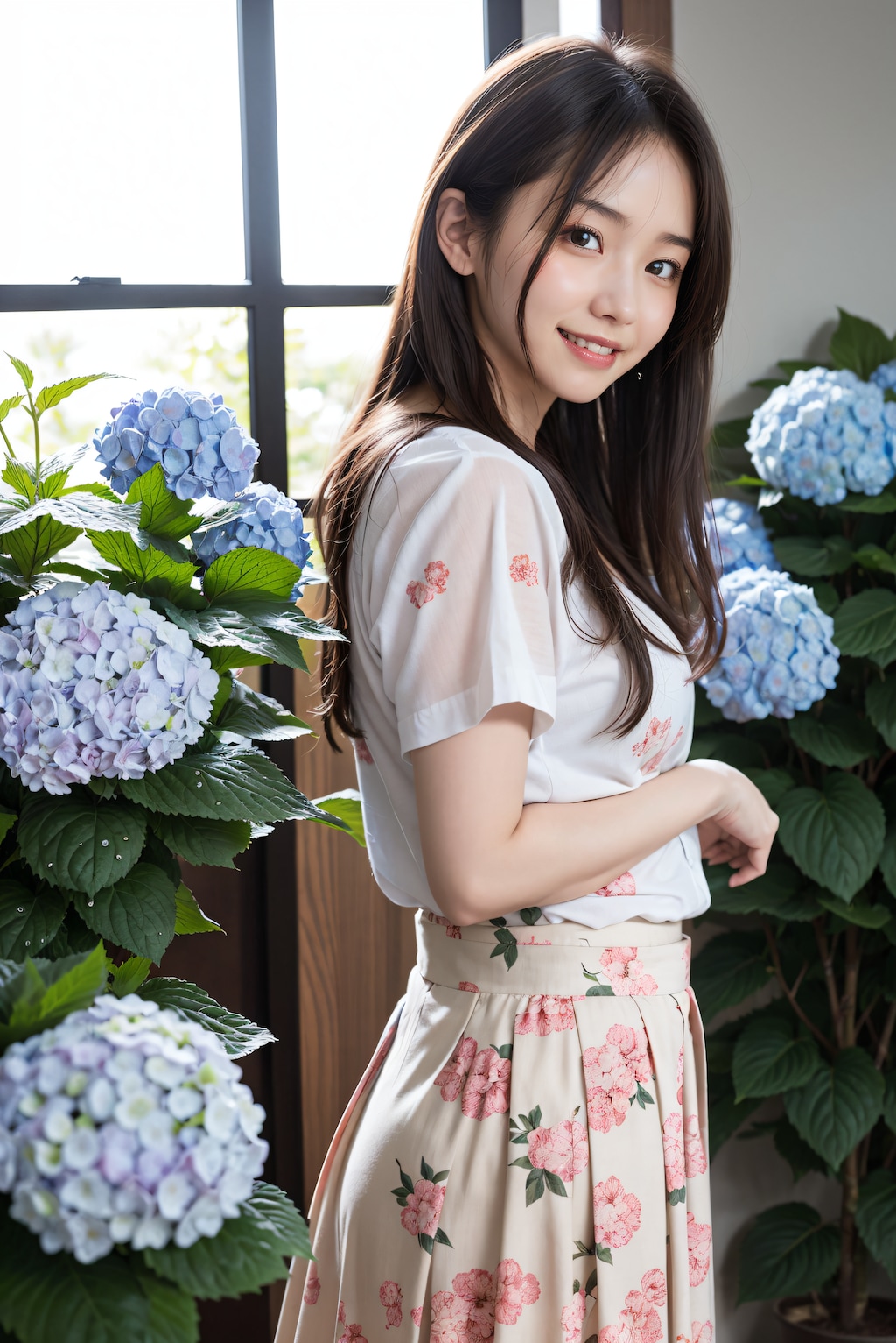 紫陽花と花柄スカートの女性