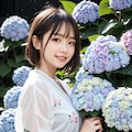紫陽花と花柄スカートの女性 9枚目
