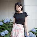 紫陽花と花柄スカートの女性 11枚目