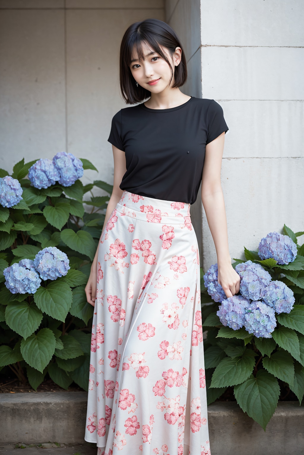 紫陽花と花柄スカートの女性