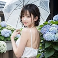 紫陽花と花柄スカートの女性 12枚目