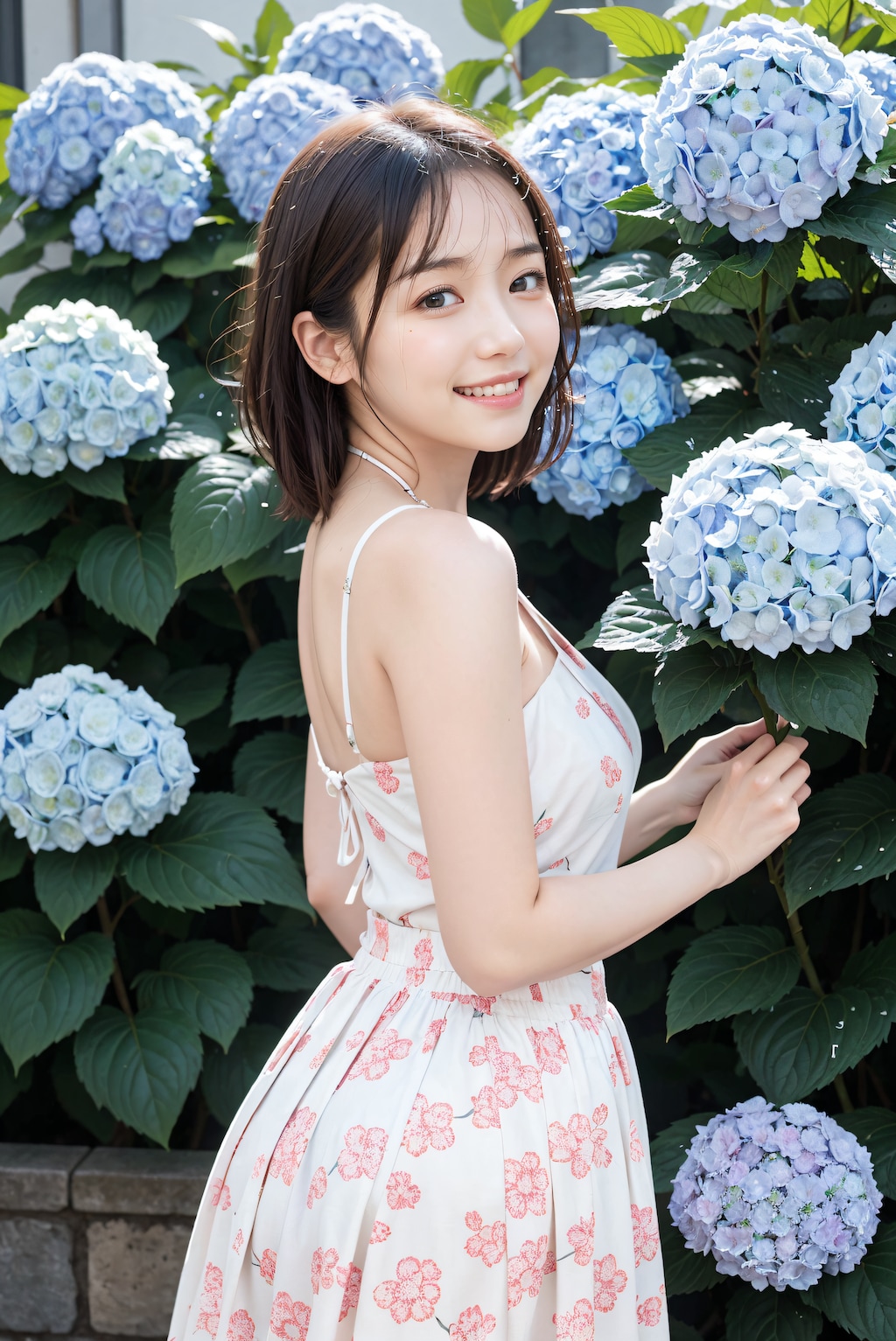 紫陽花と花柄スカートの女性