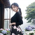 紫陽花と花柄スカートの女性 5枚目