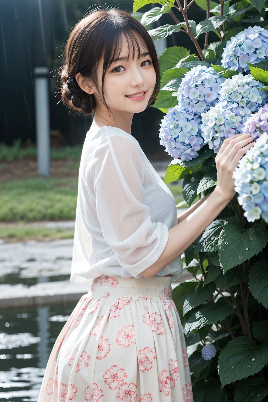 紫陽花と花柄スカートの女性